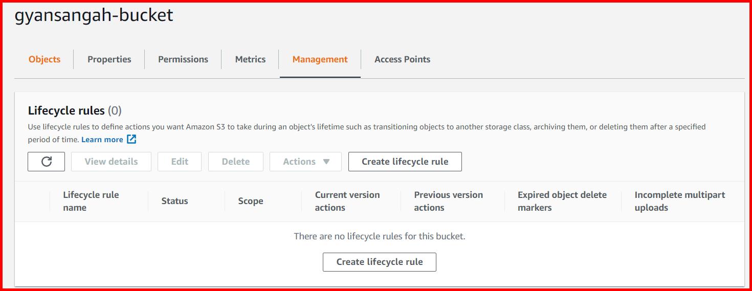 Picture showing the Create lifecycle rule button inside the Management tab of the bucket details screen